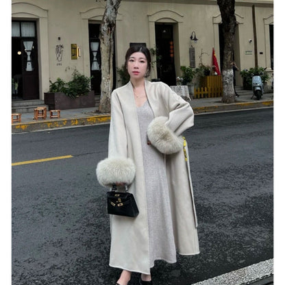 Long Overcoat with Faux Fur Cuffs for Women - Fortunata