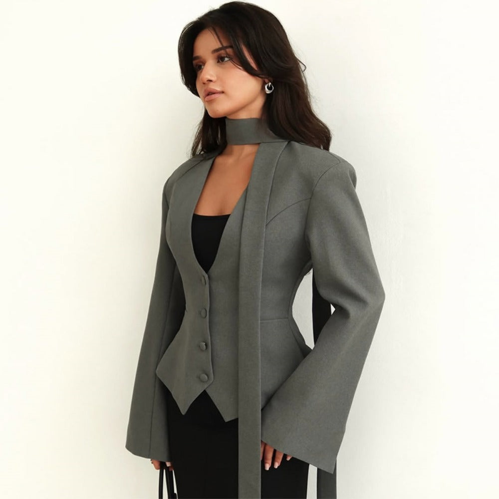 Long Sleeve Blazer Jacket with Scarf for Women - Rosella
