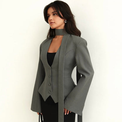 Long Sleeve Blazer Jacket with Scarf for Women - Rosella