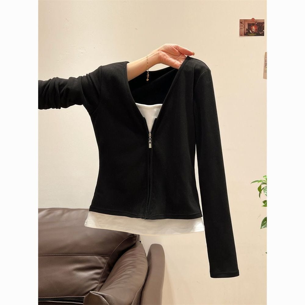 Black Long Sleeve Zip Up Shirt for Women - Alba