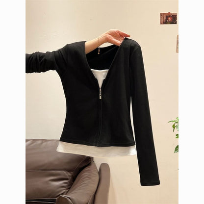 Black Long Sleeve Zip Up Shirt for Women - Alba