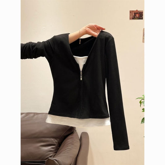 Black Long Sleeve Zip Up Shirt for Women - Alba