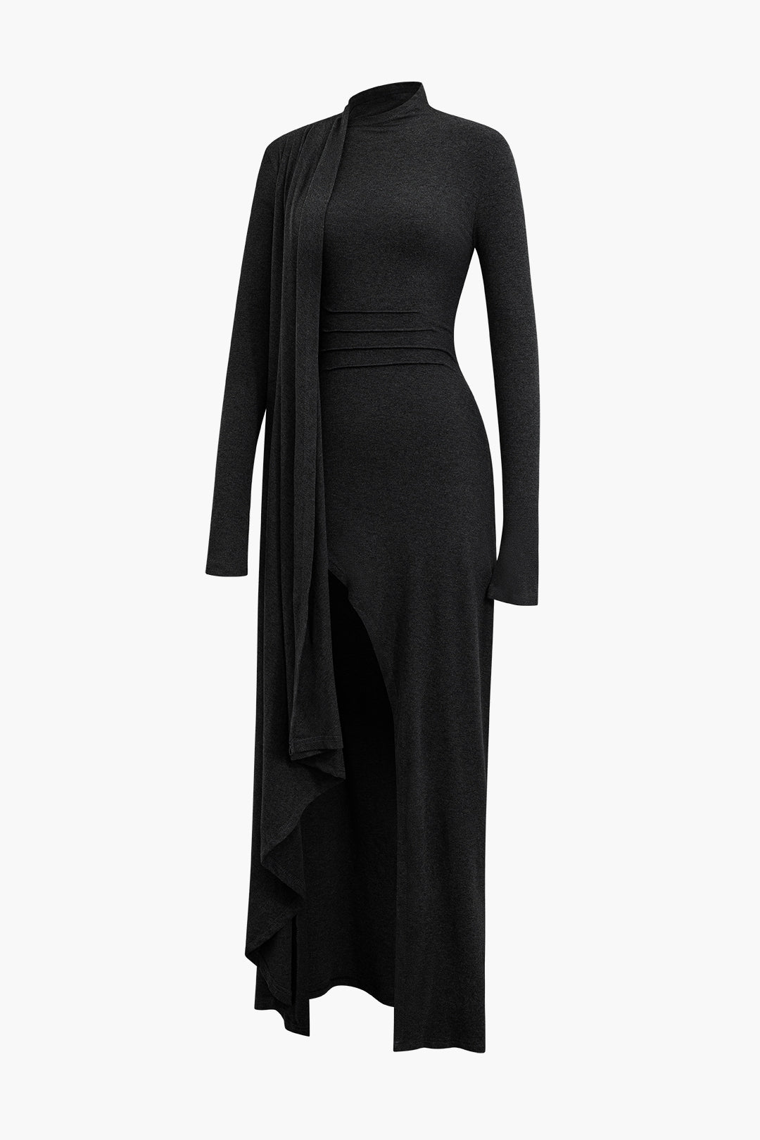 Vintage Mock Neck Wrap Ruched Long Sleeve Slit Maxi Dress