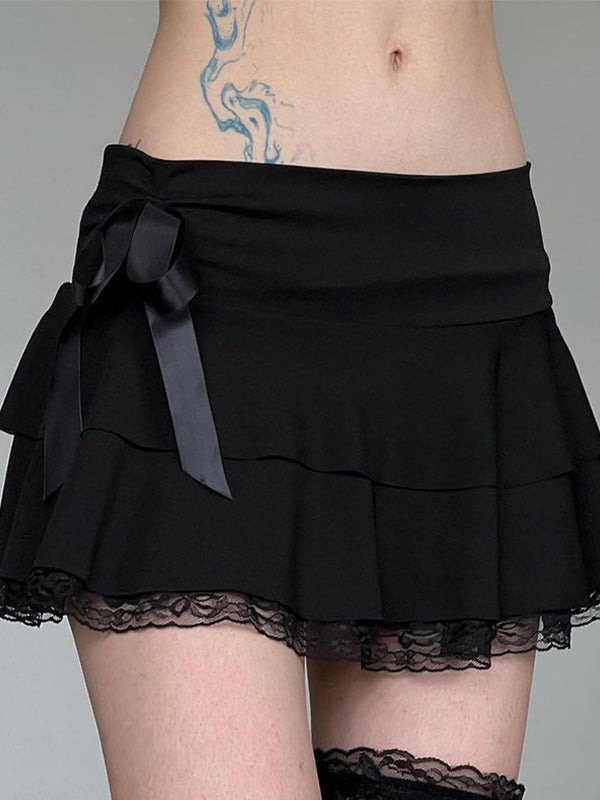 Black Bow Lace Splice Low Rise Tiered Mini Skirt