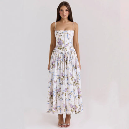 Floral Midi Dress with Spaghetti Straps for Women - Lina