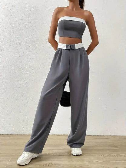 Contrast Vintage Off Shoulder Tube Top & Pants Two Piece Set