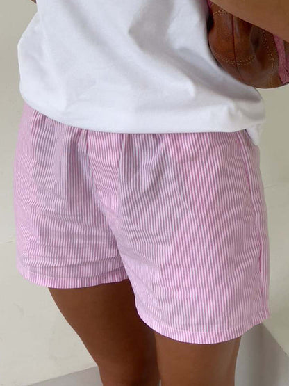 Pink Vintage Striped Print Shorts with Label