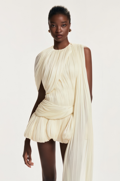 Ivory Pleated Mini Dress with Sash for Women - Elisa