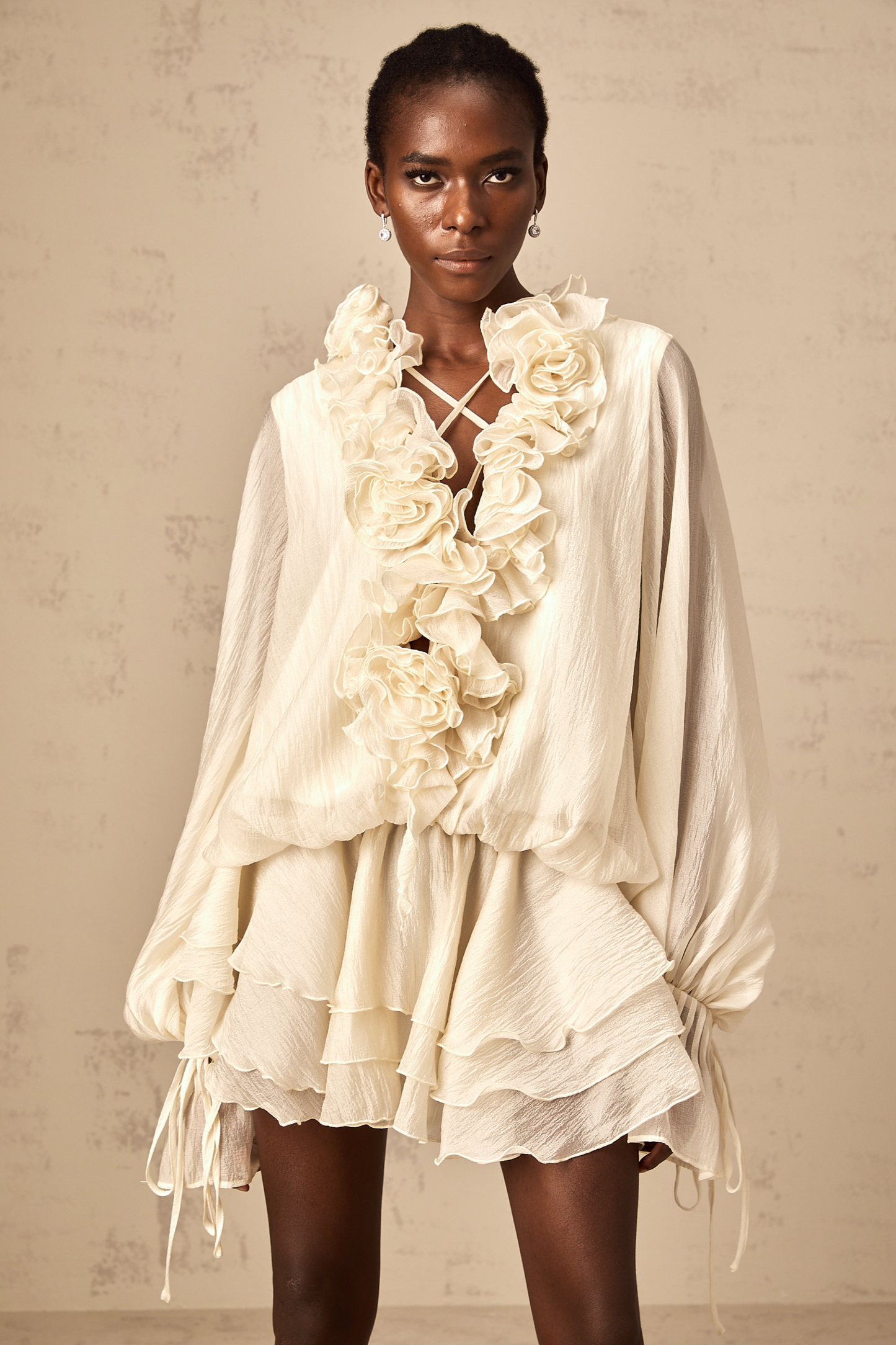 Cream Ruffled Mini Dress with Floral Detailing for Women - Sonia