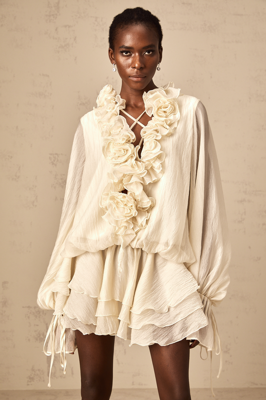 Cream Ruffled Mini Dress with Floral Detailing for Women - Sonia