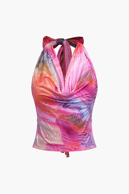 Raspberry Vintage Abstract Print Cowl Neck Halter Backless Tank Top