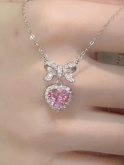 Pink Y2K Glittering Bow Heart Pendant Necklace