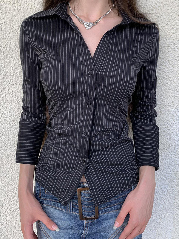 Black Classic Stripe V Neck Slim Fit Long Sleeve Shirt