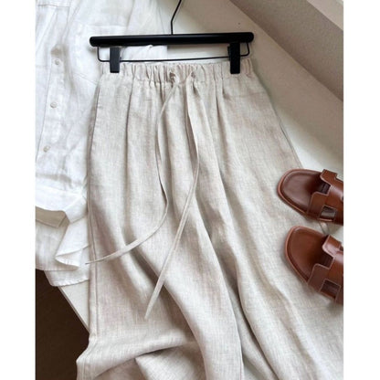 Wide Leg Linen Pants with Drawstring for Women - Monica