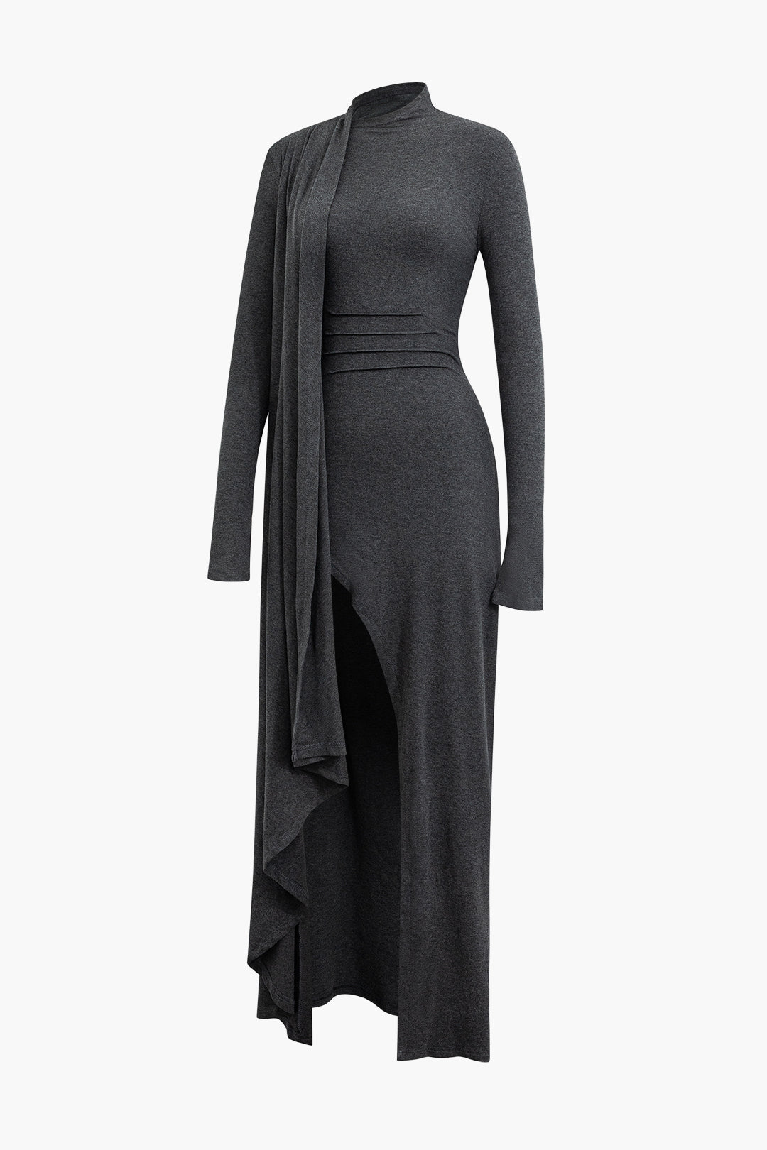 Vintage Mock Neck Wrap Ruched Long Sleeve Slit Maxi Dress