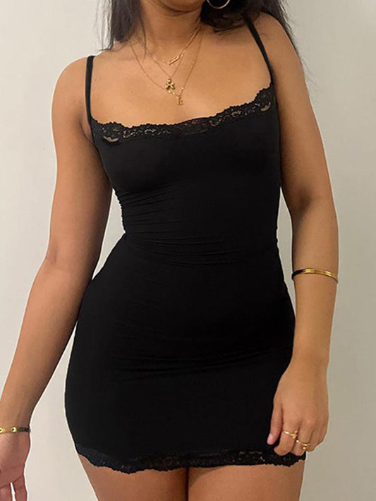 Black Spaghetti Strap Lace Trim Mini Bodycon Dress