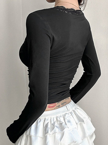 Classic Black V Lace Stitching Long Sleeve Tee