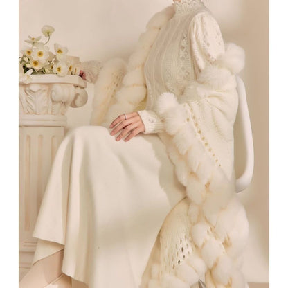 White Knit Cape with Faux Fur Trim for Women - Monica