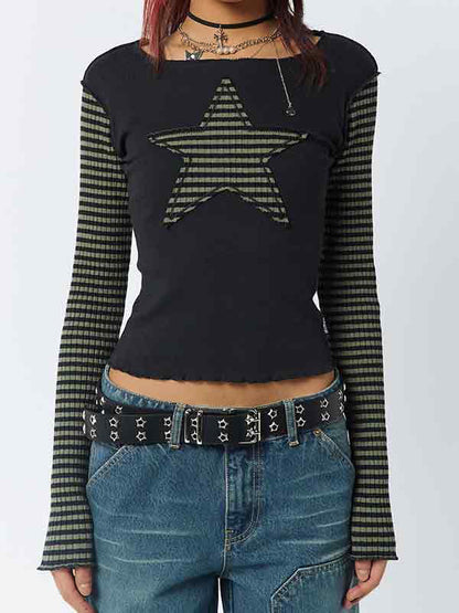 Y2k Striped Star Print Patchwork Slim Long Sleeve Tee