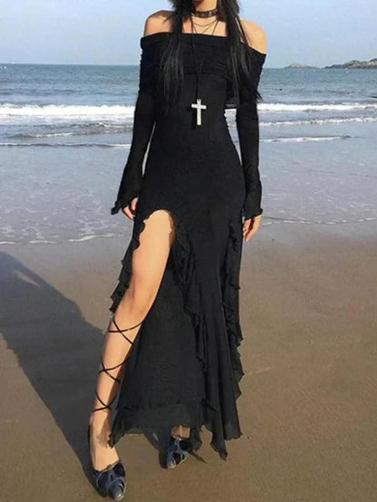 Black Punk Off Shoulder Ruffle High Slit Maxi Dress