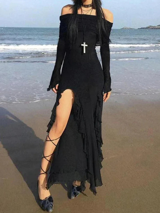 Black Punk Off Shoulder Ruffle High Slit MAXI Vestido