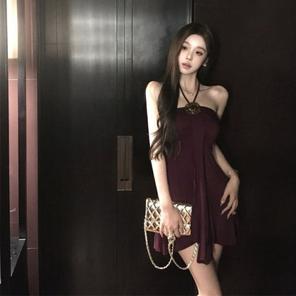 Wine Red Halter Mini Dress for Women - Isabella