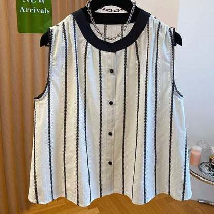 White and Black Striped Sleeveless Blouse for Women - Gisella