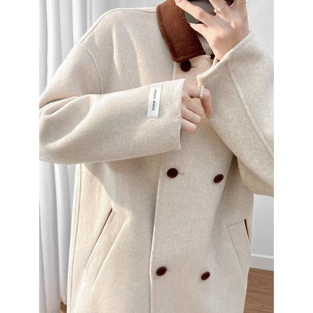 Beige Wool Blend Long Coat with Brown Collar for Women - Ambra