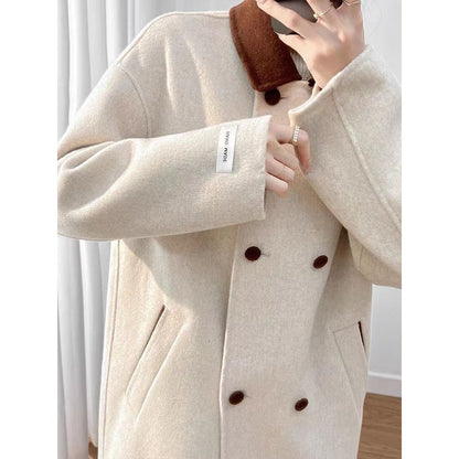 Beige Wool Blend Long Coat with Brown Collar for Women - Ambra
