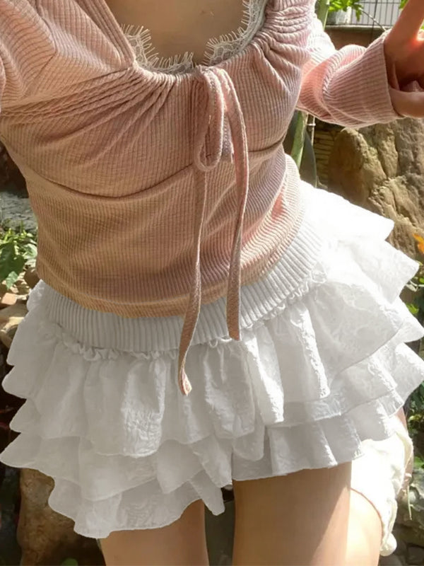 White Sweet Textured Tiered Shorts