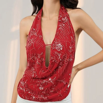Halter Top with Floral Sequin Detail for Women - Irene