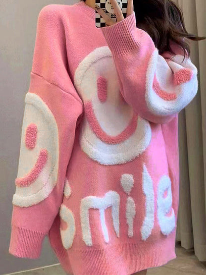 Solid Color Y2k Smile Print Thicken Loose Sweater