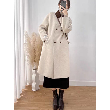 Beige Wool Blend Long Coat with Brown Collar for Women - Ambra