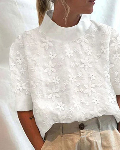 Women’s Floral Pattern Short Sleeve Top | with Stand Collar