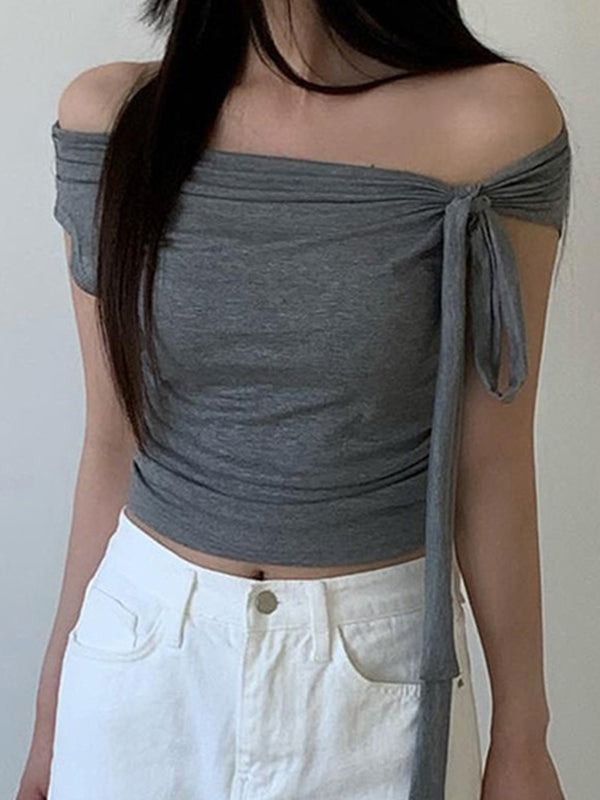 Gray Vintage Tie Knot One Shoulder Short Sleeve Tee