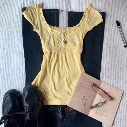 Yellow Short Sleeve Mini Dress with Lace Trim for Women - Linda