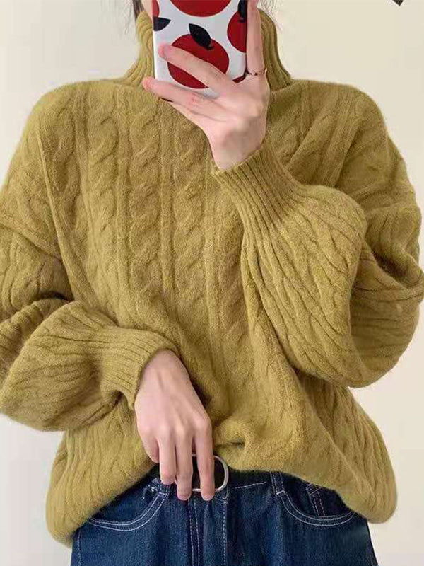 Classic Solid High Neck Cable Knit Sweater