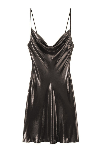 Y2k Cowl Neck Metallic Slip Mini Dress