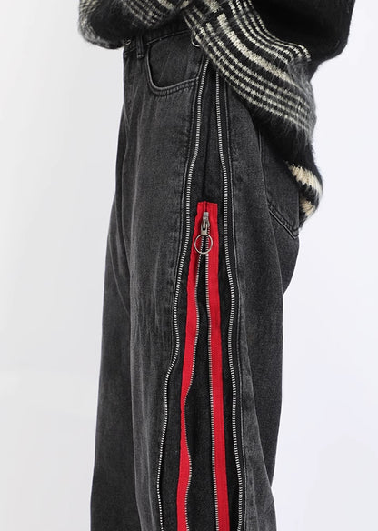 Red Vintage Multiple Side Line Design Zipper Denim Jeans