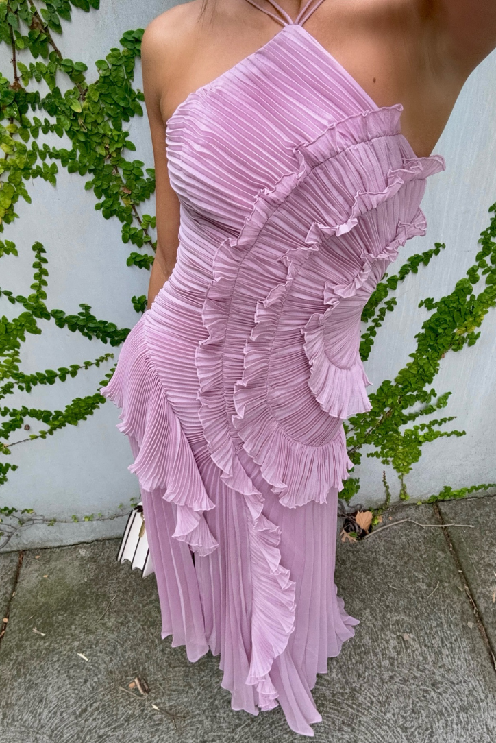 Lavender Pleated Maxi Dress with Ruffle Detail for Women - Gelsomina