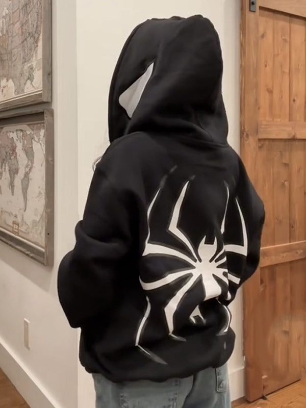 Sudadera con capucha y cremallera estilo punk con estampado de araña