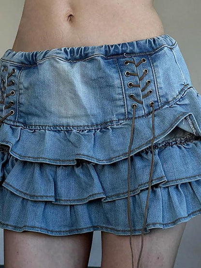 Blue Vintage Tie Up High Rise Tiered Denim Mini Skirt