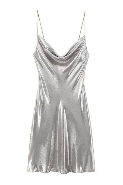 Y2k Cowl Neck Metallic Slip Mini Dress