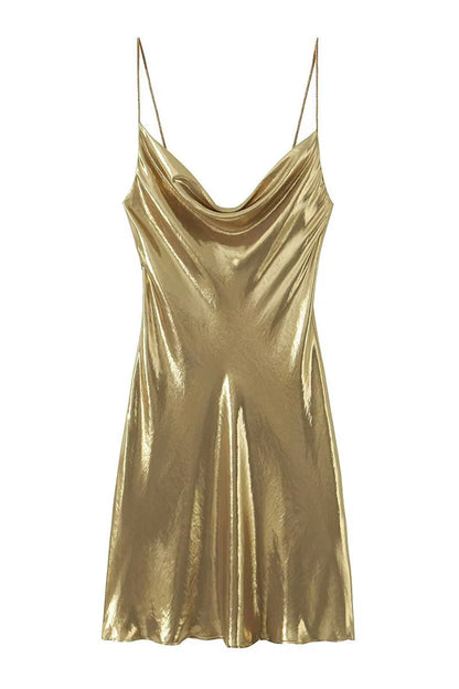 Y2k Cowl Neck Metallic Slip Mini Dress