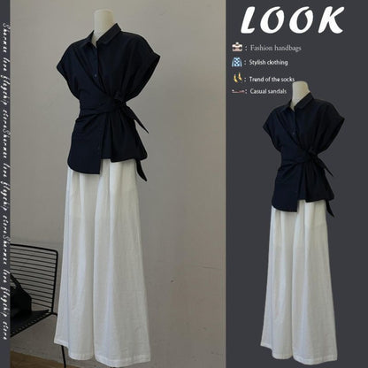 Black Short Sleeve Wrap Blouse with White Wide Leg Pants for Women - Olga
