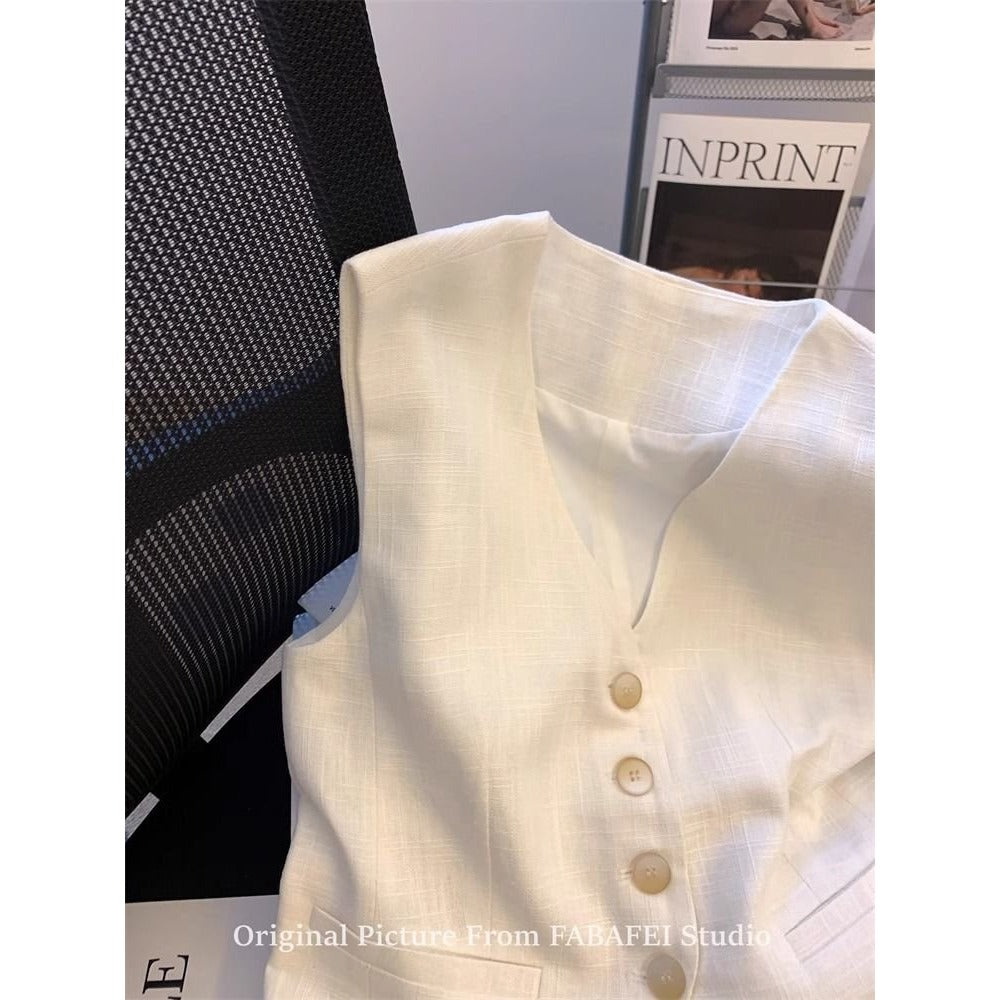 White Button Down Linen Vest Top for Women - Carmela