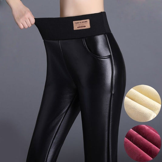 Black Fleece Lined Leggings with High Waistband for Women - Fatima