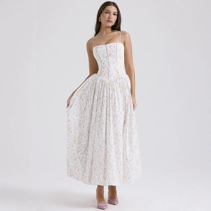 Floral Midi Dress with Spaghetti Straps for Women - Lina