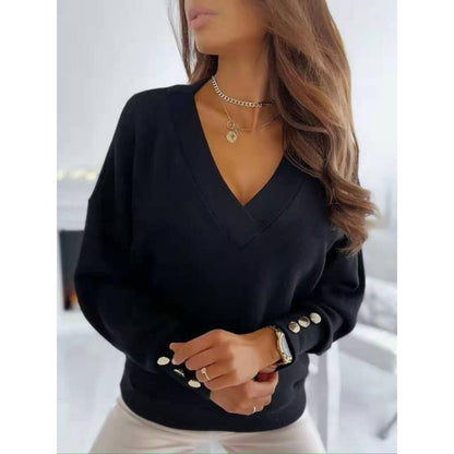 V-Neck Sweater with Button Sleeves for Women - Antonella