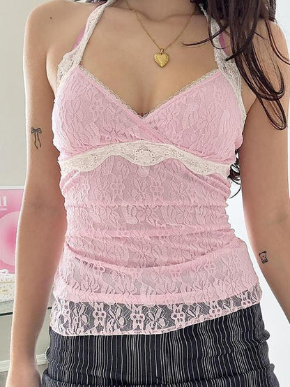 Camiseta sin mangas con escote en V y encaje rosa